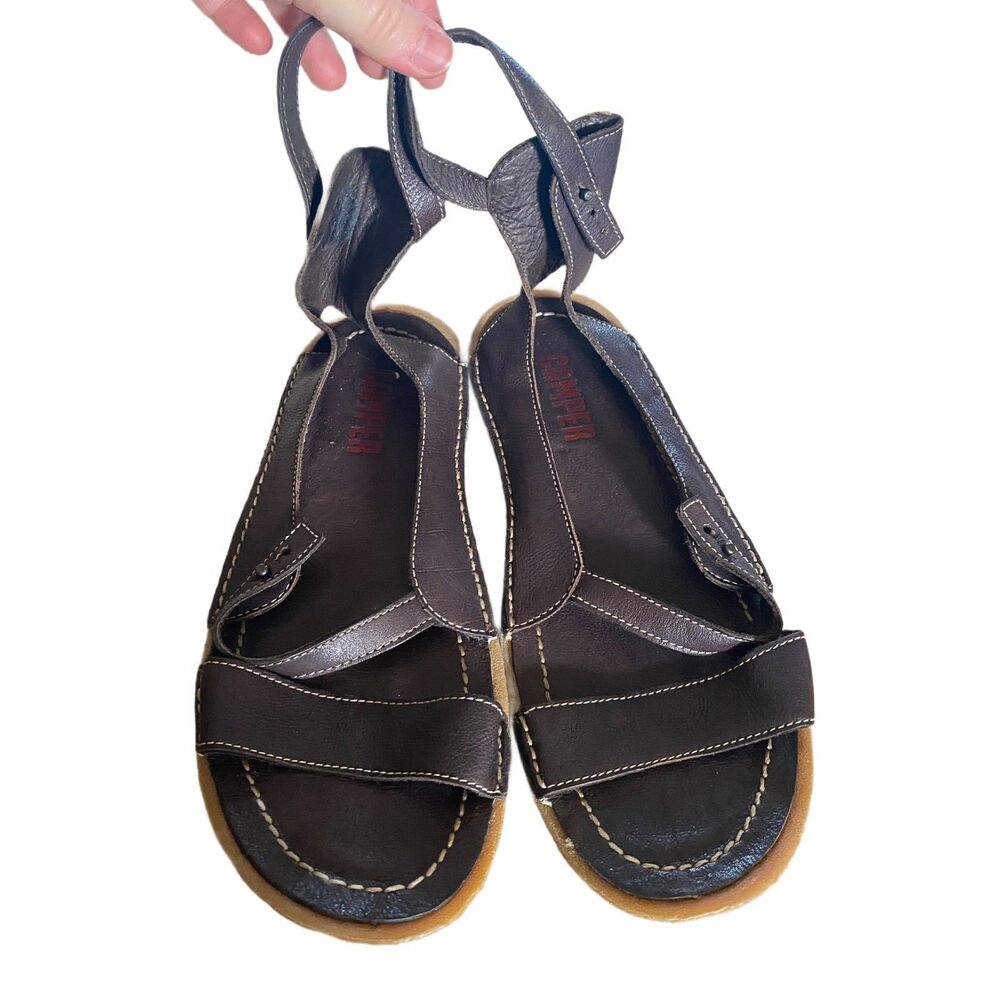 Camper Brown Leather Sandals Size 8.5 Grecian Boho Low Profile Strappy